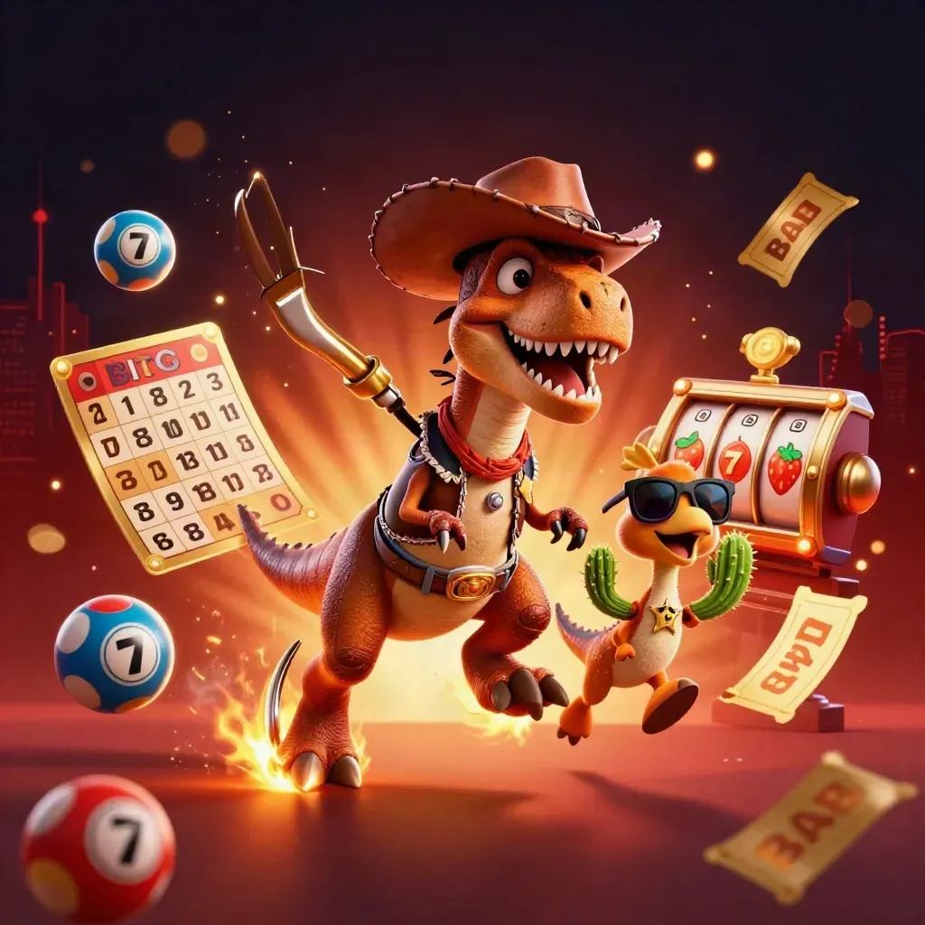Cowboy T-Rex, cactus sidekick, and sheriff roadrunner amid casino props and neon sparks.