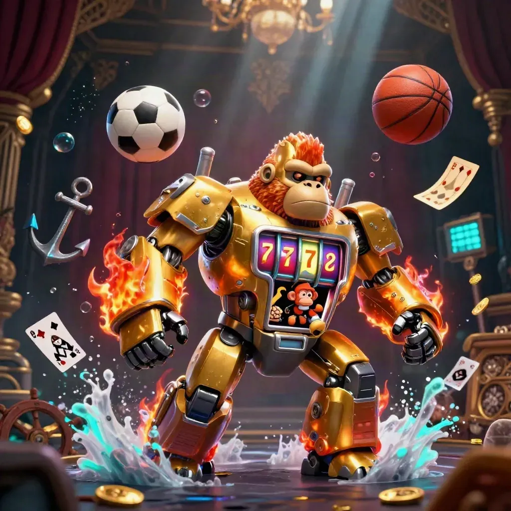 Golden gorilla mech with monkey pilot amid balls, coins, bubbles and treasure in neon underwater light