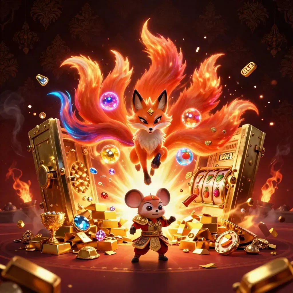 Fox spirit and samurai mouse amid treasure vault light, gold, gems, and neon casino magic.