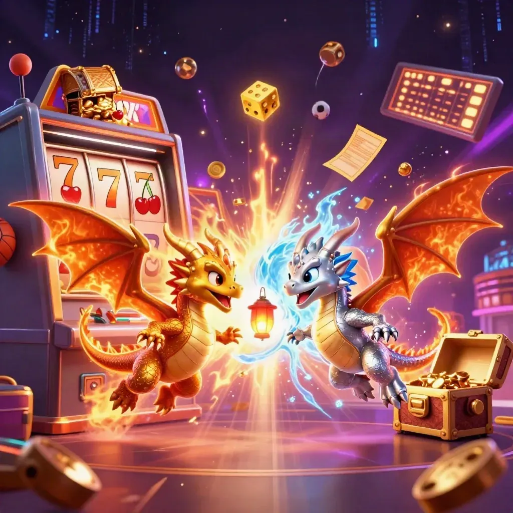 Gold and silver dragons spiral through casino jackpots, balls, dice, and glowing neon energy.