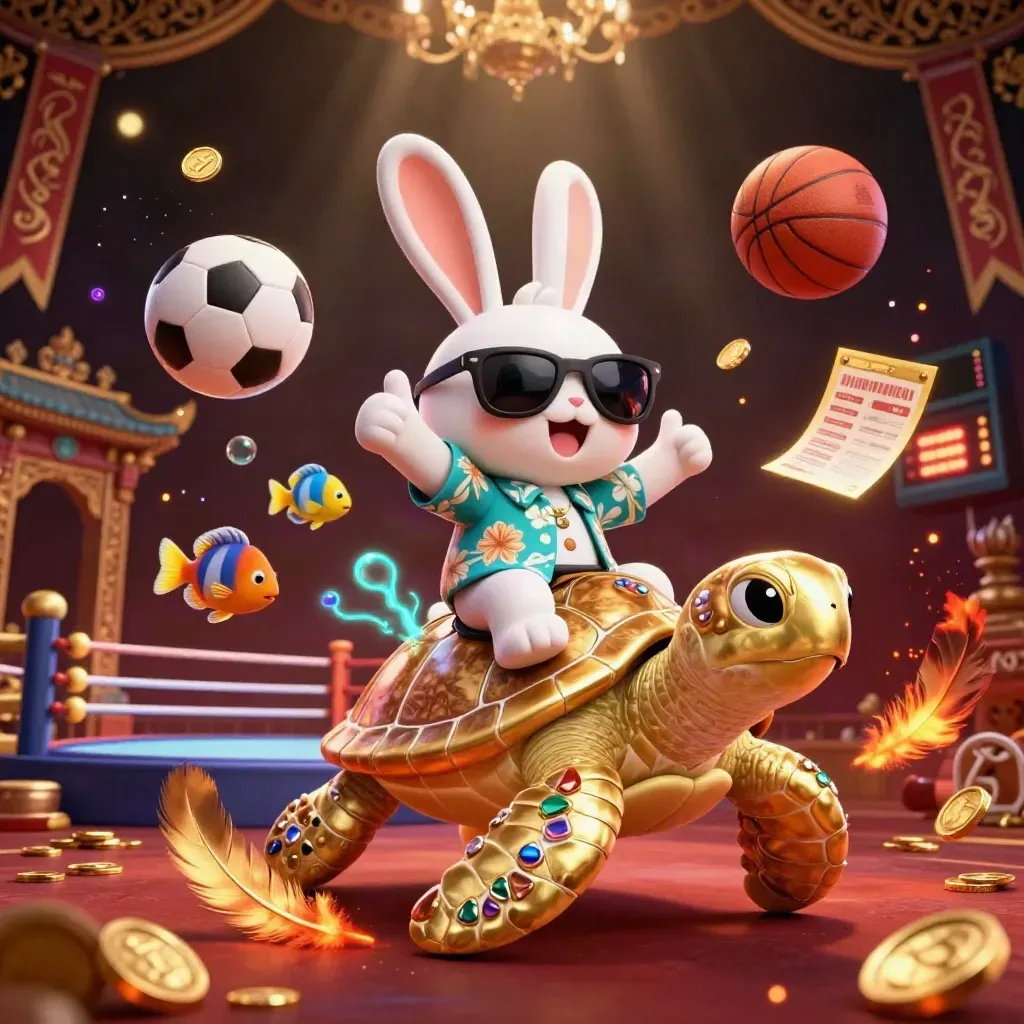 Lucky rabbit on a jeweled sea turtle amid casino lights, coins, fish, and flying sports balls.