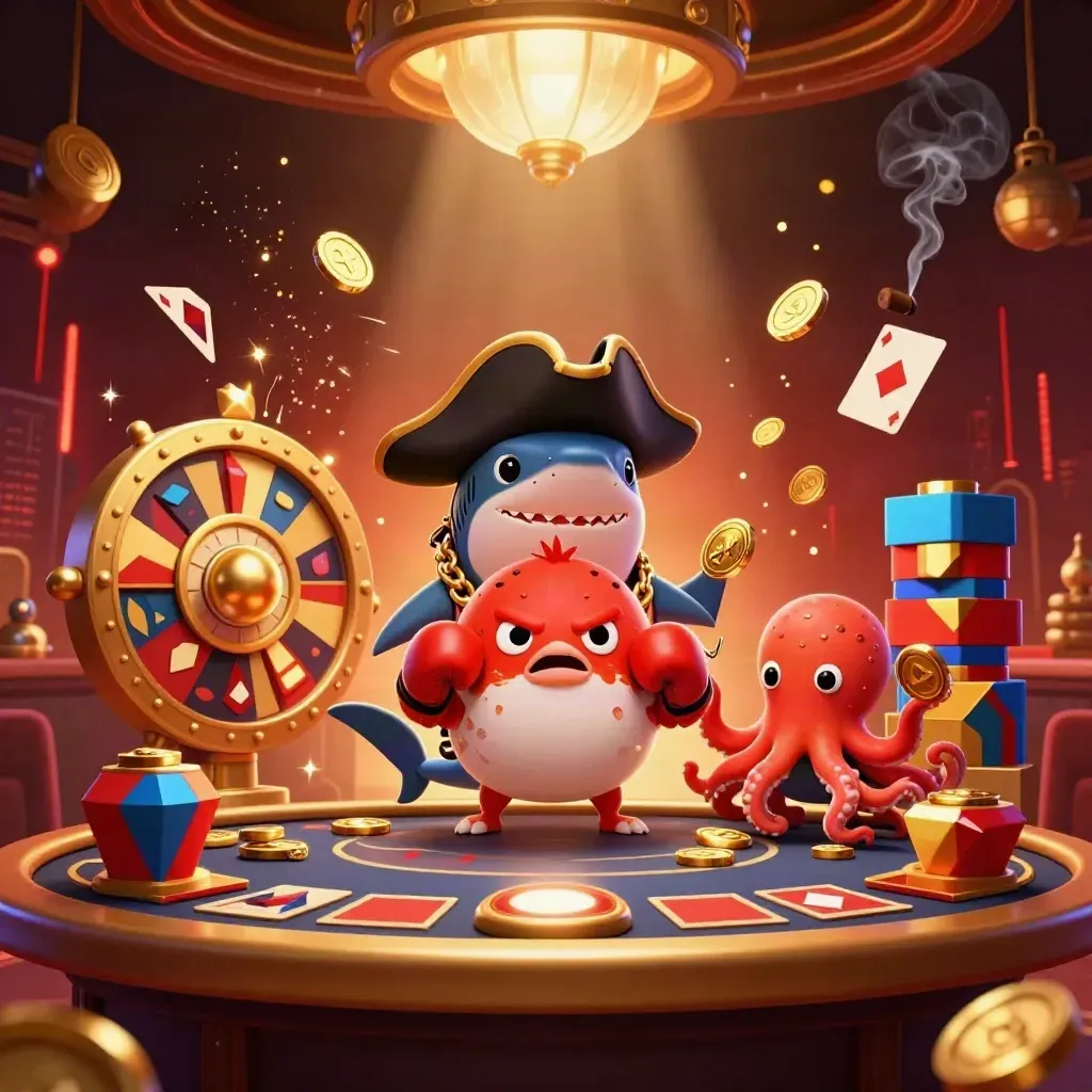Pirate shark, pufferfish and octopus amid casino glamour, coins, cards and glowing gold