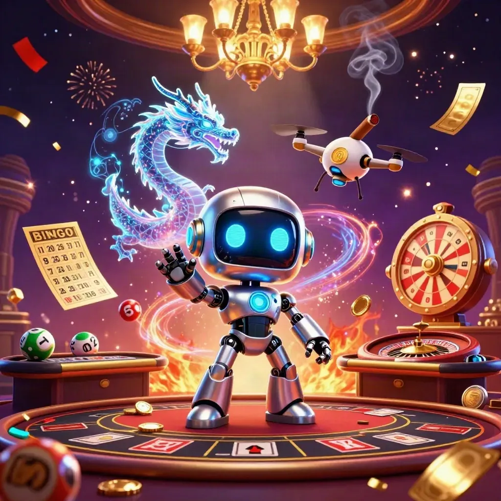 Cyberpunk robot, holographic dragon, and coin drone in a luxury casino scene with spinning games and sparkles.