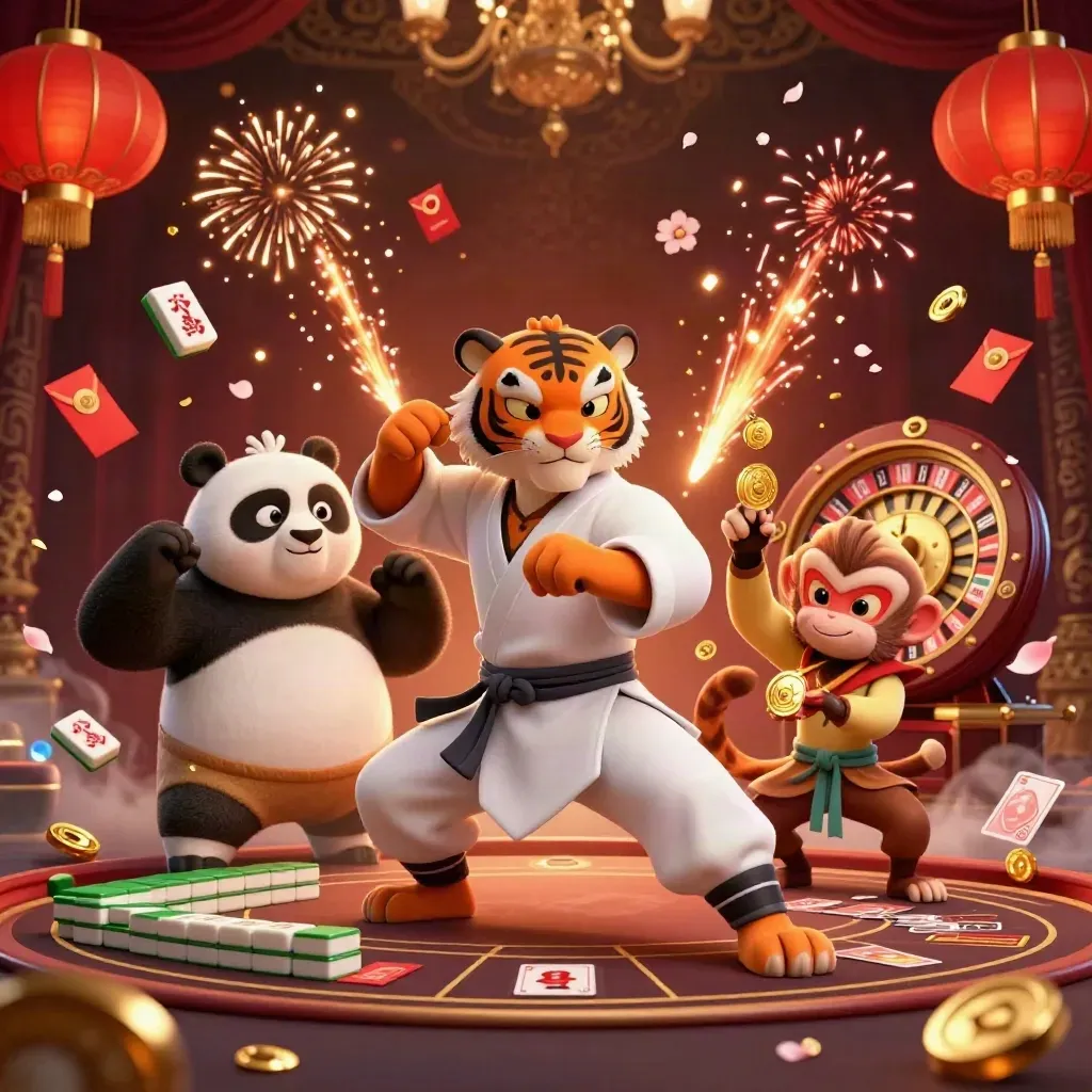 Kung-fu tiger, panda, and monkey in a luxe casino scene with lanterns, coins, and glowing cards.