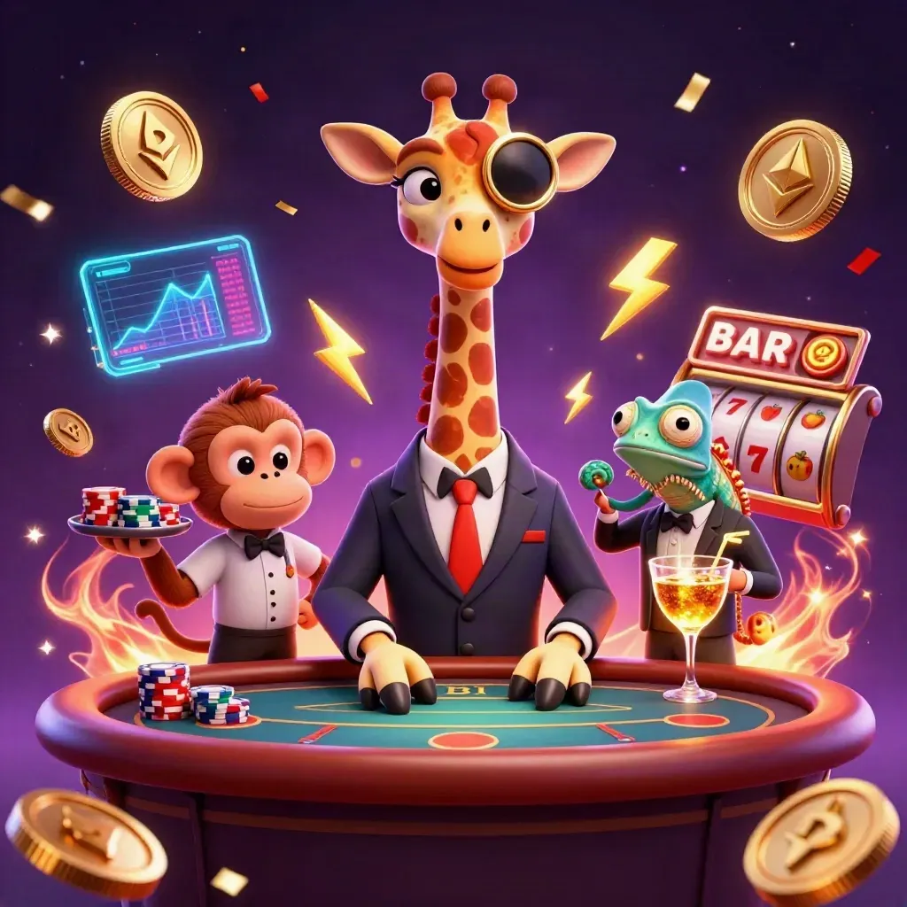 Giraffe high roller, monkey valet, and chameleon bartender amid neon casino magic.