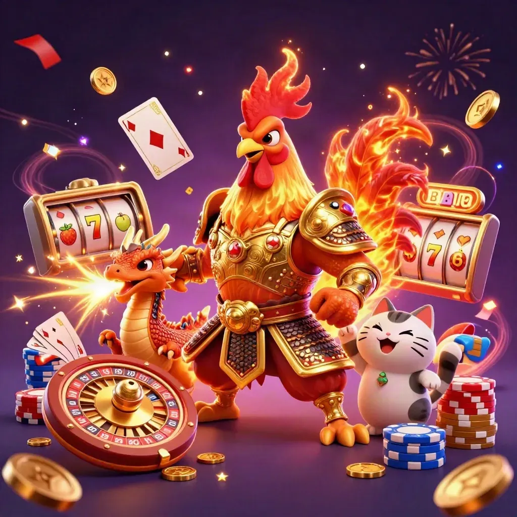 Rooster warrior, dragon hatchling and fortune cat amid coins, chips, cards and fireworks.