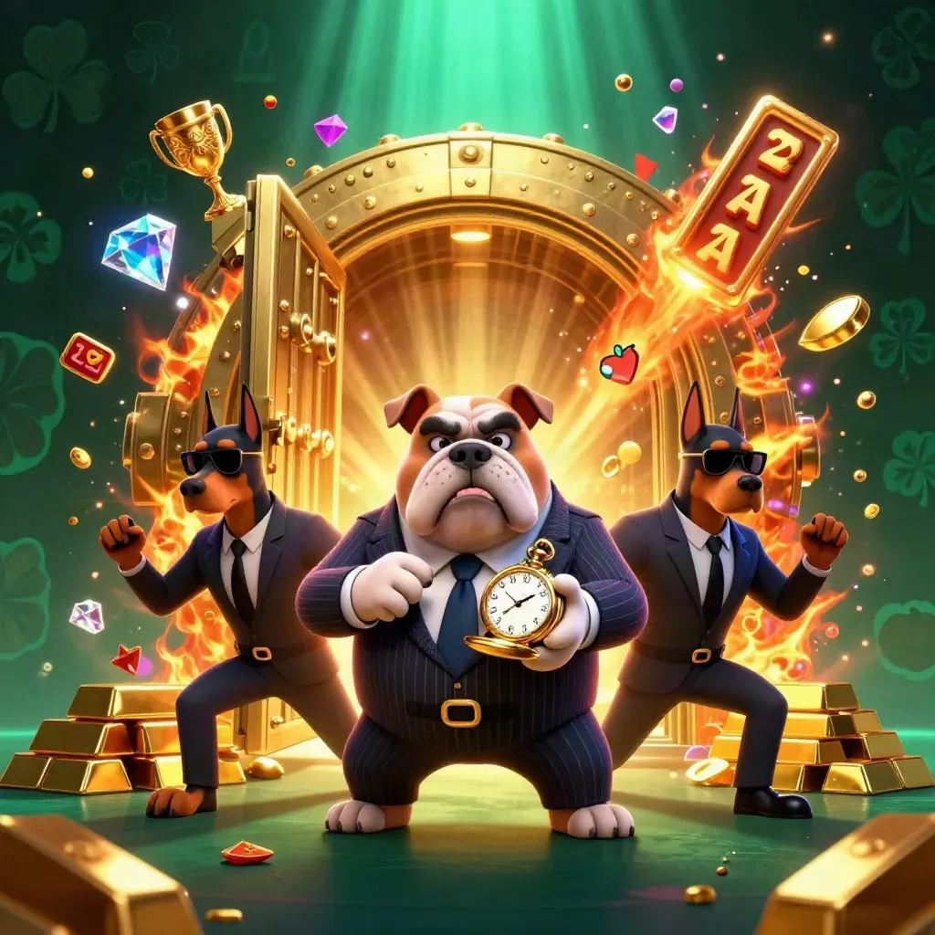 Cartoon mob-boss bulldog with Dobermans before a glowing vault, gold and gems bursting out.