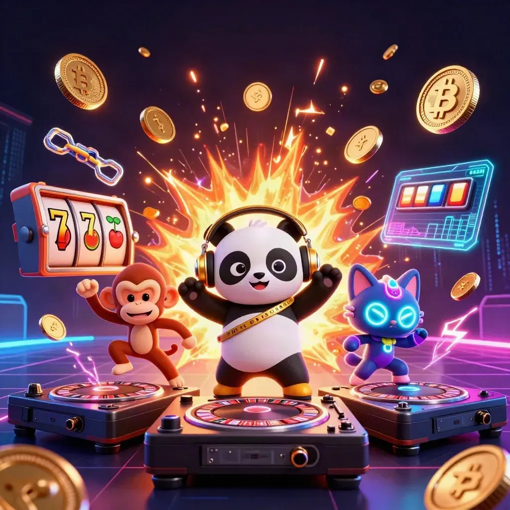 Panda DJ, monkey and kitten rave amid bursting coins, reels, lightning and fireworks.
