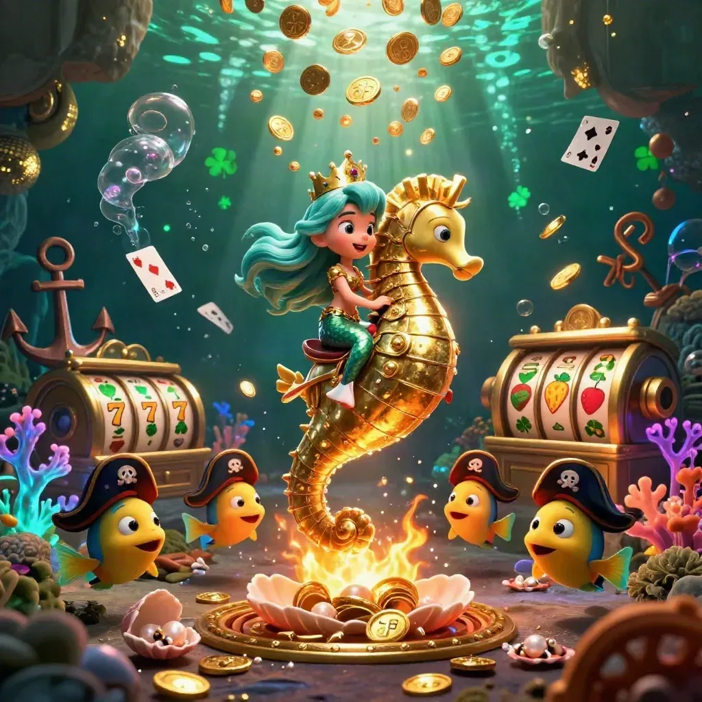 Mermaid princess on a golden seahorse amid coin showers, fish pirates, and glowing underwater treasure.