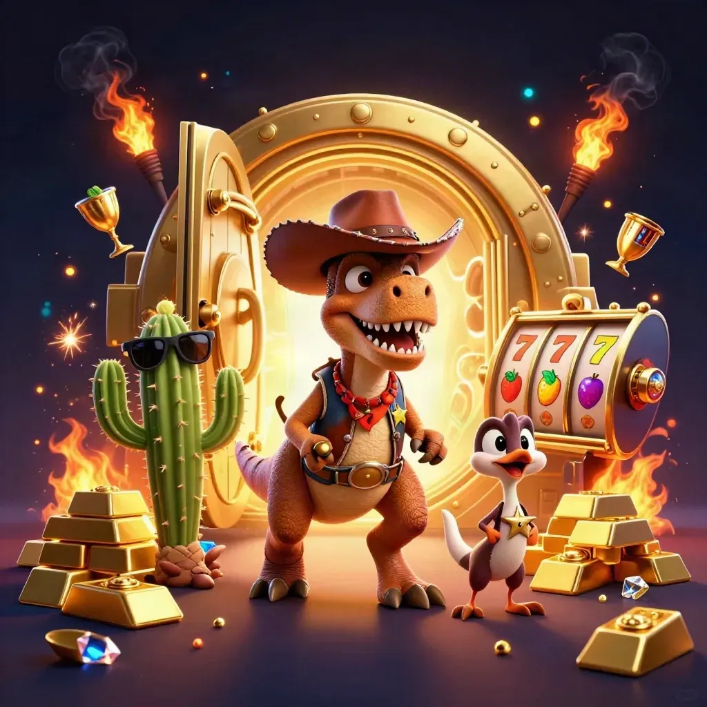Cowboy T-Rex, cactus sidekick, and roadrunner burst from a golden vault amid casino loot.