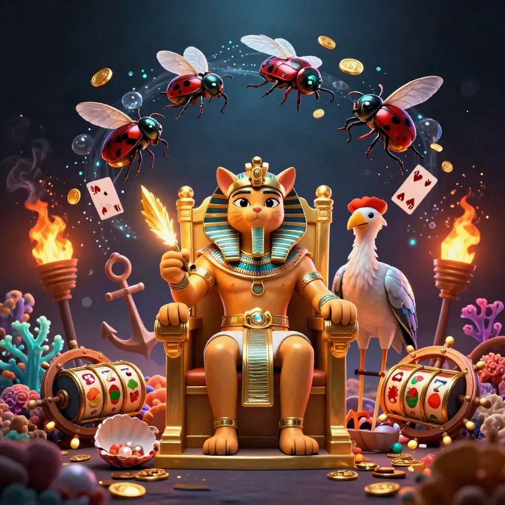 Pharaoh cat on throne with ibis scribe, scarabs, slot symbols and treasure in a neon underwater scene