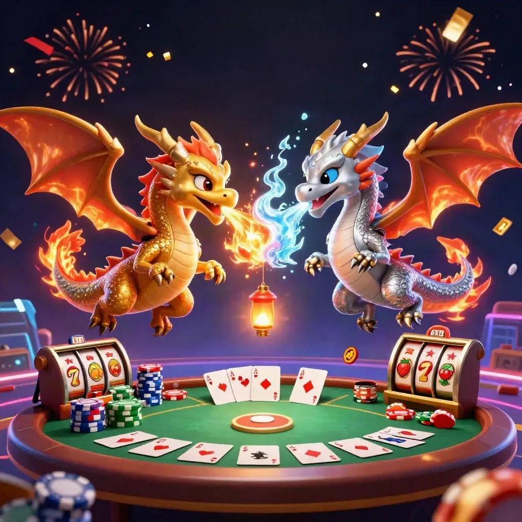 Twin gold and silver dragons swirl over poker chips, cards, reels and sparks on a dark neon casino backdrop.